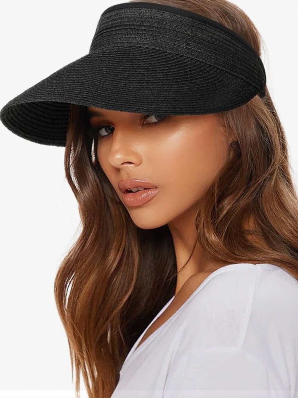 Black Womens Wide Brim Straw Visor Hat